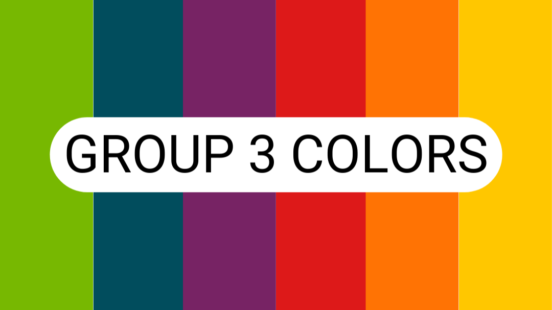 vertical stripes of group three colors - lime green, bluish green, grape, red, orange, and rich yellow